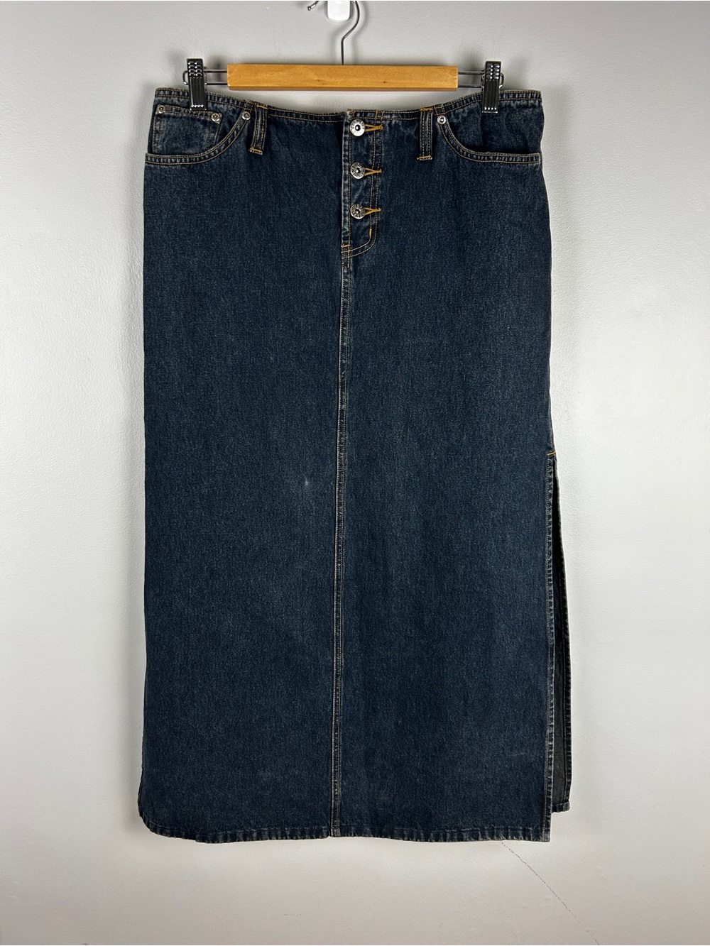 VINTAGE Y2K Low Rise Denim Maxi Skirt Dark Wash Large Exposed Button Fly Western